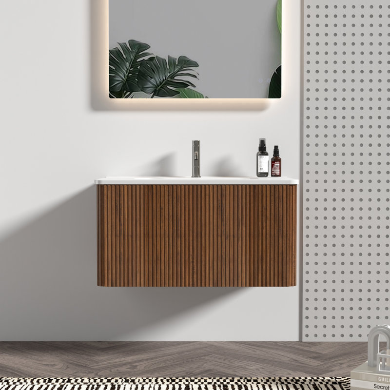 Meuble-lavabo de 30 po en noyer rayé avec lavabo en céramique blanc, fixation murale flottante, texture tendance, coffre-fort intégré