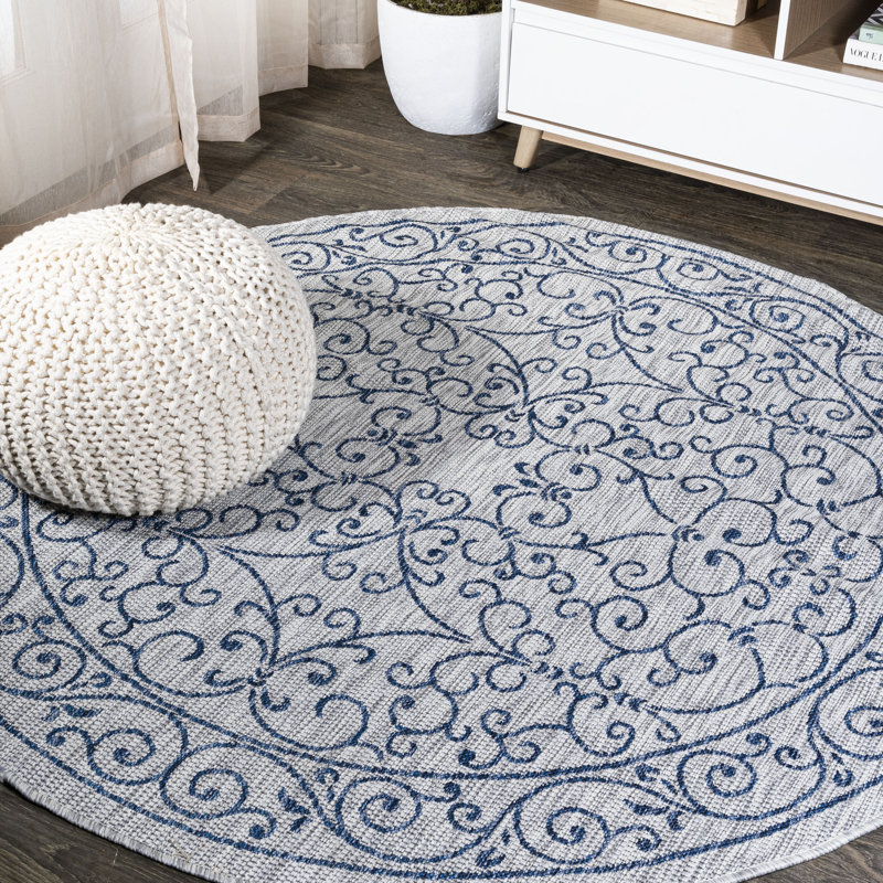 Hagerman Vintage Filigree Textured Weave Gray/Navy Indoor/Outdoor Rug, Round 5'3"