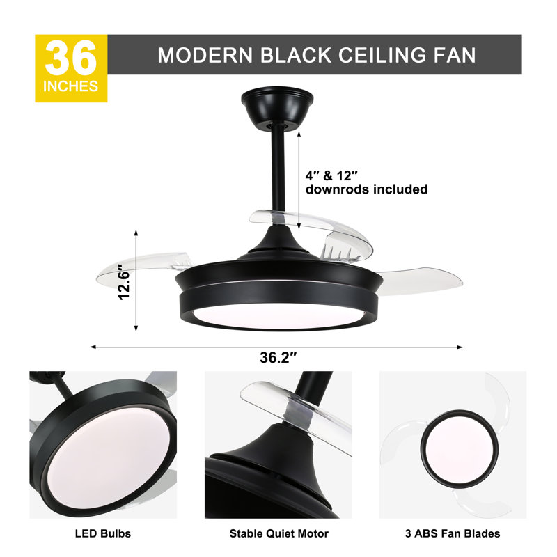 36" 3-Blade Black Ceiling Fan with Lights and Remote Control, 6-Speed Latest DC Motor Ceiling Fan for Living Room, Bedroom