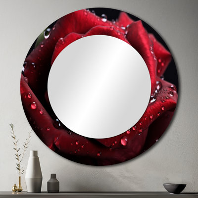 Red Rose With Raindrops II - Floral Round Mirror Wall Decor