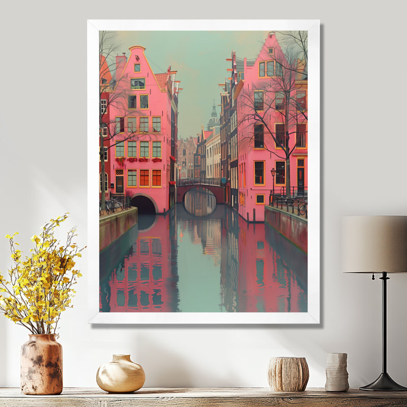 «Amsterdam Pink Grey Canal Photo I», reproduction d'art murale, Toile encadrée blanche avec une seule photo