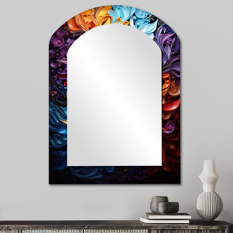 Spirale kaléidoscope I - miroir mural décoratif en forme d'arche abstraite, grand miroir asymétrique doré, impression sur métal