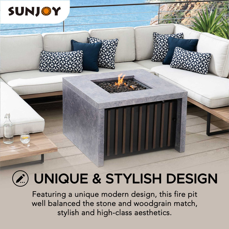 Sunjoy 38" Square Stone and Steel Propane Fire Pit Table