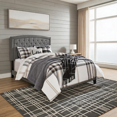 King Platform Bed for Contemporary Bedroom Soft Gray Linen Upholstery Tufted Headboard No Box Spring Required