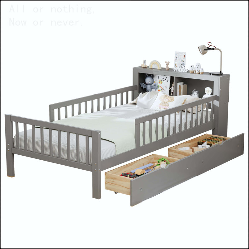 Twin Size Bed with Headboard Storage Rack and Under-Bed Drawers, Gray