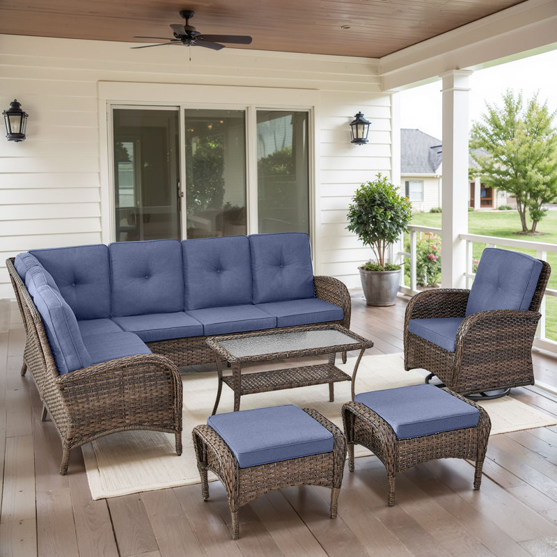 Serita Trym 6-Pieces Outdoor PE Wicker Patio Sectional Outdoor Conversation Set With Cushions, Blue