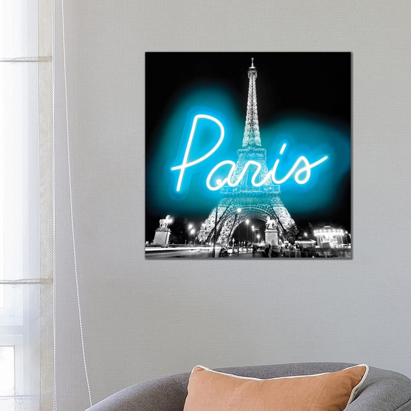 Neon Paris Aqua on Black 1 Piece Wrapped Canvas Wall Art, 66.04 cm H x 66.04 cm W x 3.175 cm D