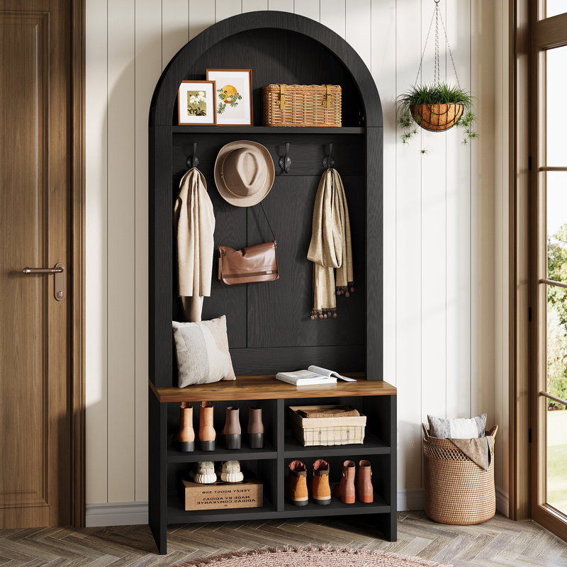 70.87" Hall Tree with Shoe Storage Bench, Arched Coat Rack with 4 Hooks & 4 Shoe Cubbies, for Mudroom, Entryway, Rustic Brown