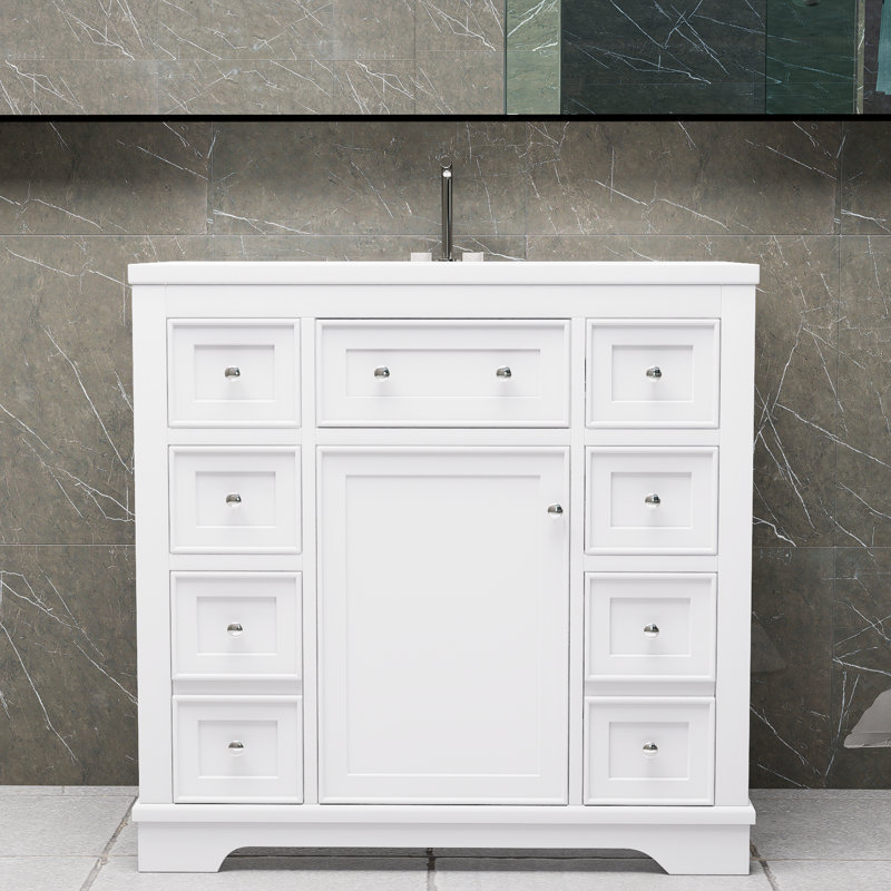 Meuble-lavabo blanc 36 po, sans lavabo, base d'armoire seulement, 1 armoire et 6 tiroirs