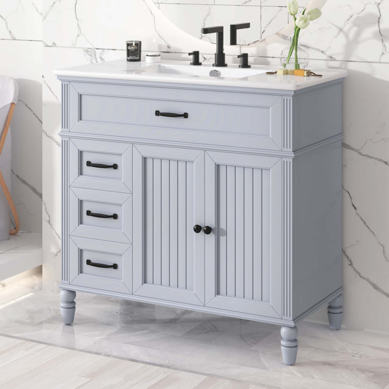 Meuble-lavabo 36 po avec lavabo, armoire de salle de bain avec tiroirs, structure solide et panneau de fibres à densité moyenne, un paquet