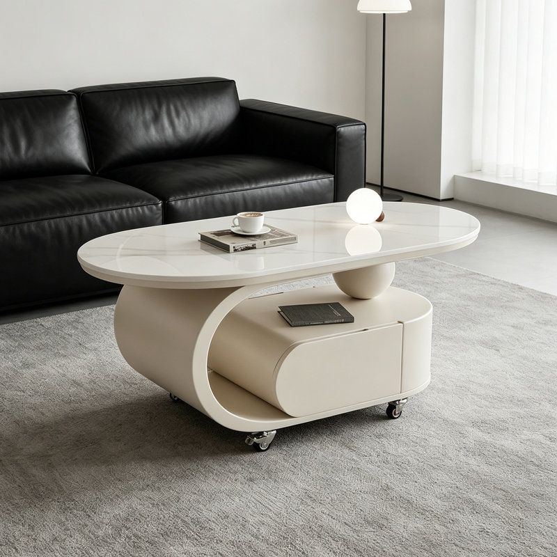 Table basse moderne de style crème, H 17,71 po x L 35,43 po x l 17,71 po, Plateau blanc / base crème