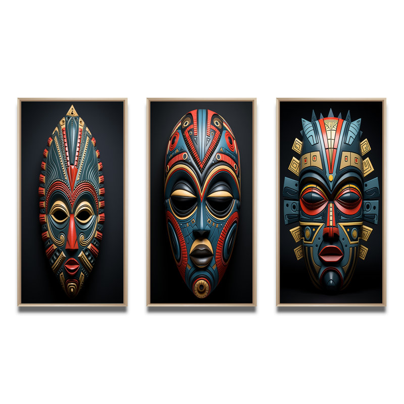 3 pièces sur toile - Masque tribal africain Pende, Cadre naturel flottant, H 40 po x l 60 po