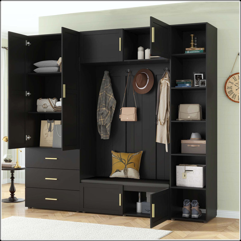 American Style 4-in-1 Hall Tree with Padded Bench & Adjustable Shelves, Antique Black