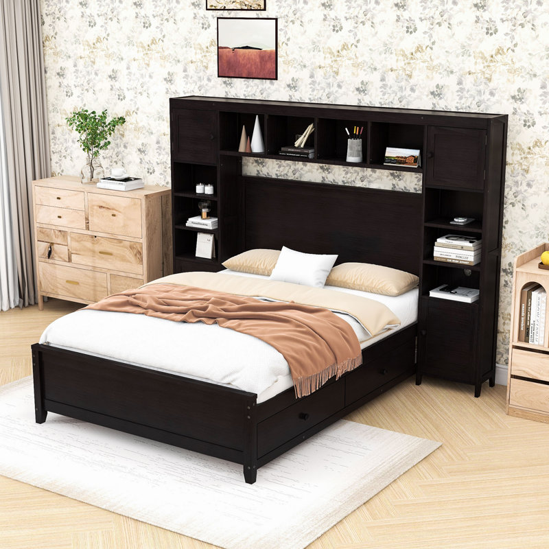 Lit double en bois avec tiroirs et tablettes de rangement polyvalents, Espresso