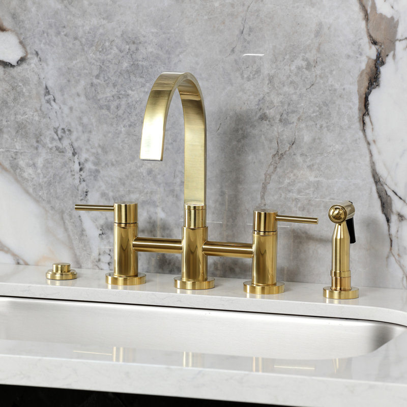 Kingston Brass Concord Two-Handle 4-Hole Deck Mount Bridge Kitchen Faucet with Brass Side Sprayer, Brushed Brass