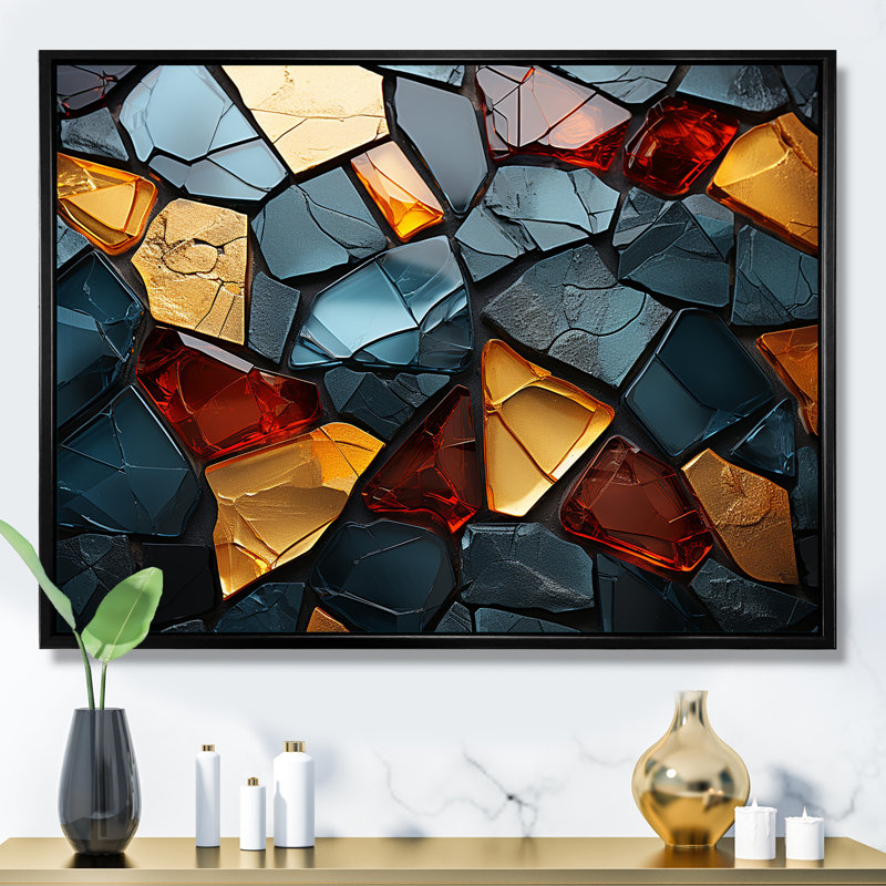 Carreaux de mosaïque dorés et bleus I - décoration murale en marbre, Cadre flottant noir, H 16 po x l 32 po x P 1 po
