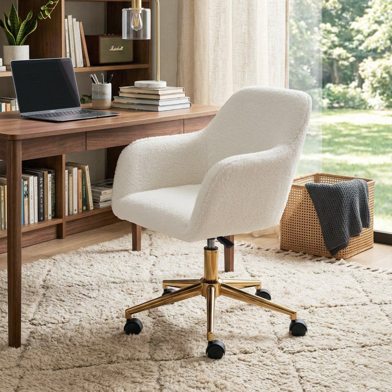 Chaise de bureau pivotante en tissu avec base en métal et roues Modern Teddy, Blanc