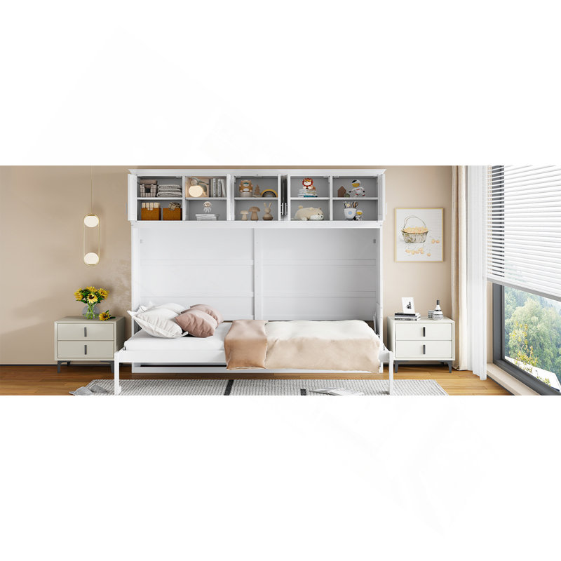 Grand lit escamotable mural avec armoires supérieures, blanc, Blanc, Grand lit