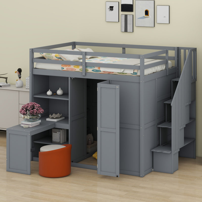 Lit superposé double avec garde-robe, bureau et tablettes, gris