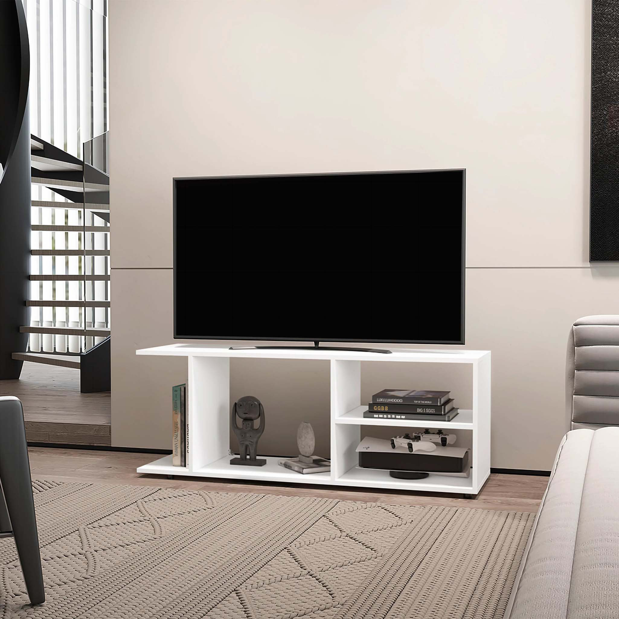Ebern Designs Stylish Open Storage White TV Rack for Organizing ...