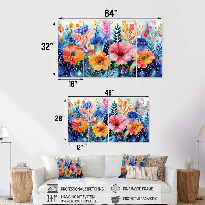 «Pink Blue Flowers Under Water II - Botanicals», ensemble d'art sur toile, H 28 po x l 48 po