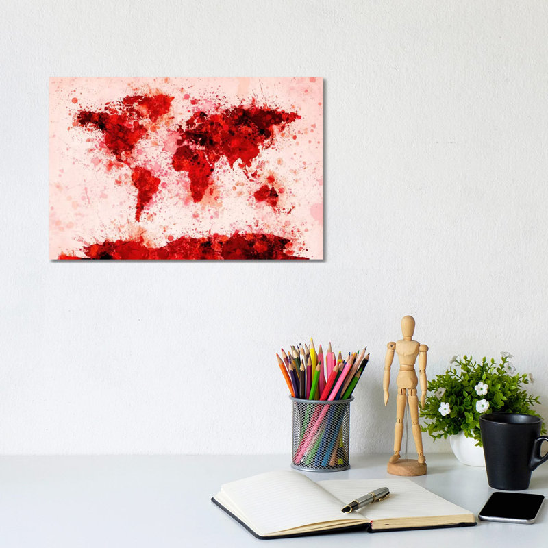 World Map Paint Splashes (Red) by Michael Tompsett - Wrapped Canvas Print, 20.32 cm H x 30.48 cm W
