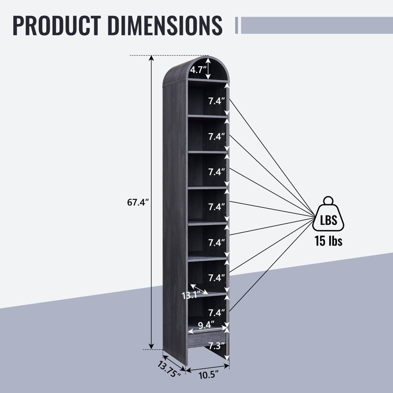 67" Tall Arched Bathroom Storage Cabinet, 8 Tiers 8 Pairs Wooden Bathroom Rack with 3 Adjustable Shelves, Gray, 1