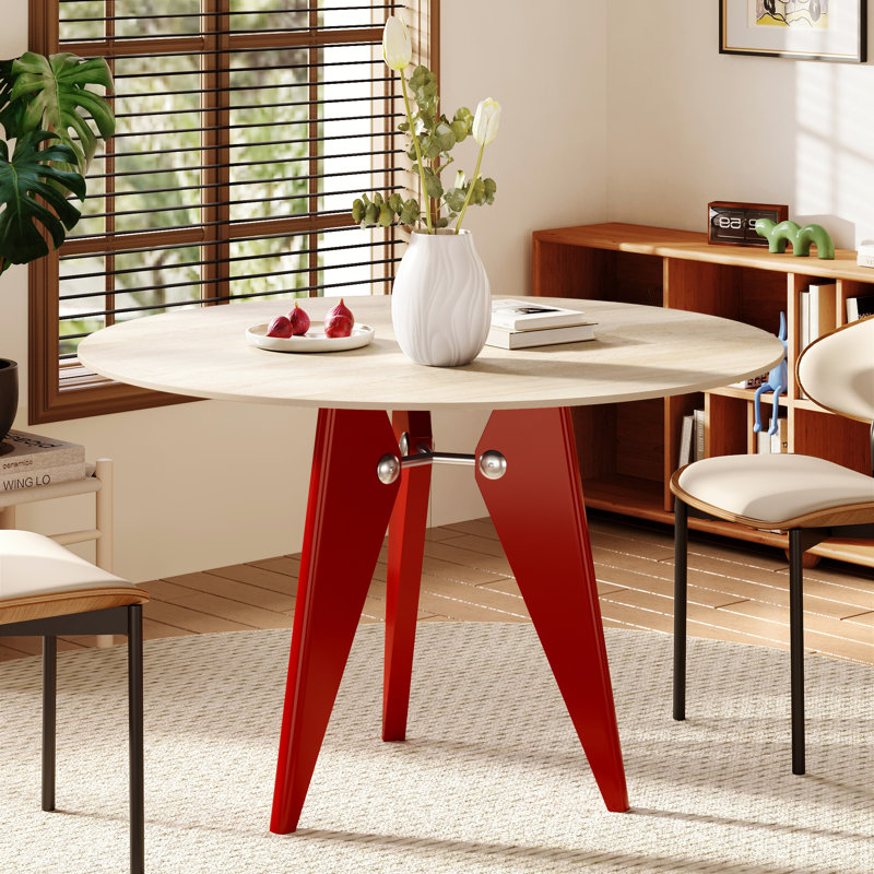 Table de salle à manger ronde minimaliste et moderne, piètement triple en métal ajouré et déstructuré, table d'appoint robuste avec plateau en pierre frittée à motif de marbre