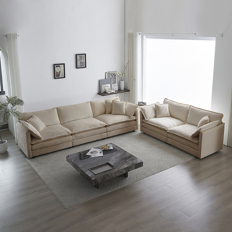 Ensemble de canapé 5 places avec coussins et coussins Cullen Chenille, Beige