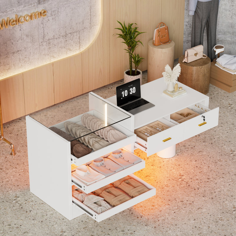 Front Desk Reception Counter With Led Lighting, 3-tier Glass Display & Lockable Drawer - Modern Checkout Console For Beauty Salon, Retail Store, Corporate Lobby & Office
