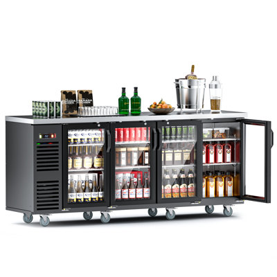 Coolake 92" 28.5 Cu.Ft. 4 Glass Doors Commercial Counter Height Back Bar Cooler Refrigerator with Stainless Steel Top LED Lighting in Black for Bar St | Fridge.com