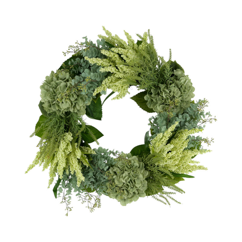 24" Hydrangea, Heather And Eucalyptus Wreath, Green/White