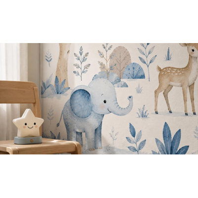 Papier peint mural aquarelle bleu animaux de safari | Éléphant, girafe, lion | Intissé ou autocollant