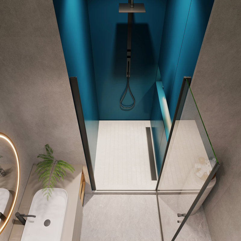 Porte de douche à poignée pivotante en acier inoxydable - Ajustement en verre trempé noir de 1/4 po pour salle de bain