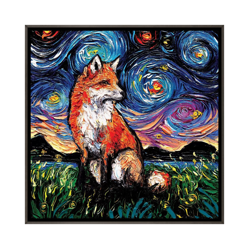 "Vulpine Night" par aja Trèves, reproduction d’art, Pas de tapis, Toile encadrée de bois rustique foncé
