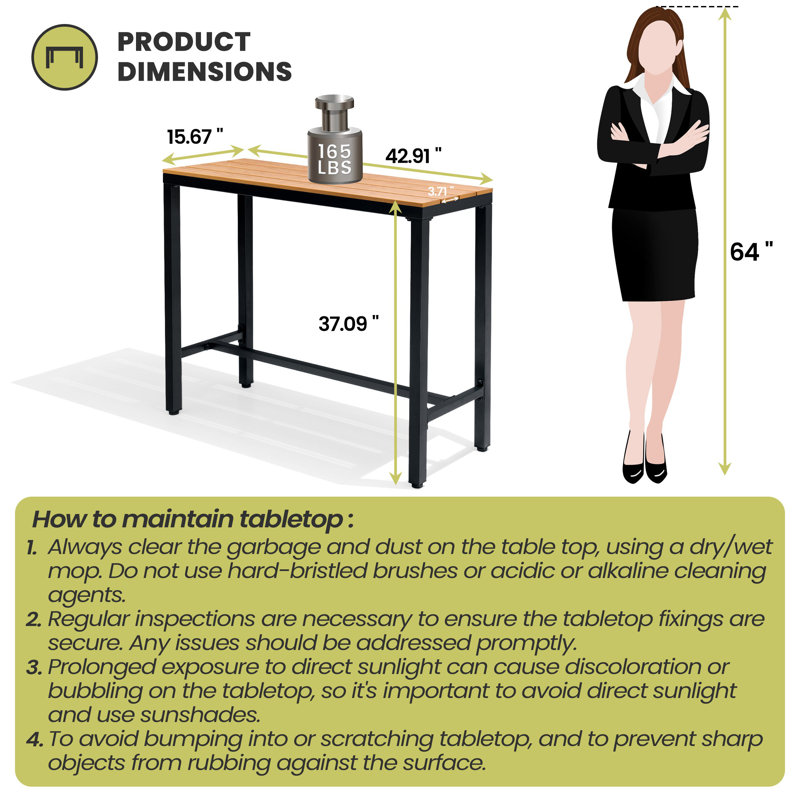 Rectangular Metal Outdoor Bar Table (Set of 2), 37.09" H x 42.91" W x 15.67" D, Brown