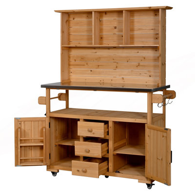 Grand banc de rempotage avec roues verrouillables, îlot de cuisine extérieur avec plateau en acier inoxydable