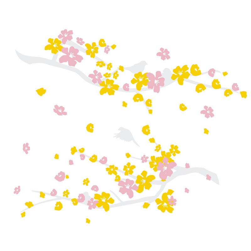 Décalcomanie murale petites fleurs de cerisier, Blanc / rose / jaune, H 20 po x l 24 po x P 0,01 po