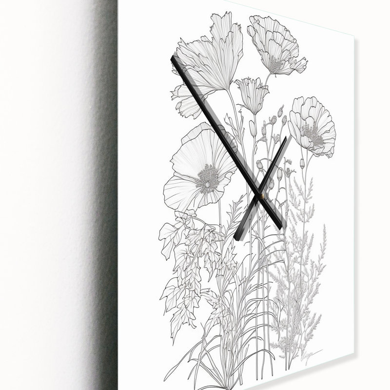 Minimal Wildflowers Dessin noir sur blanc II - Horloge murale fleurs sauvages, Petit