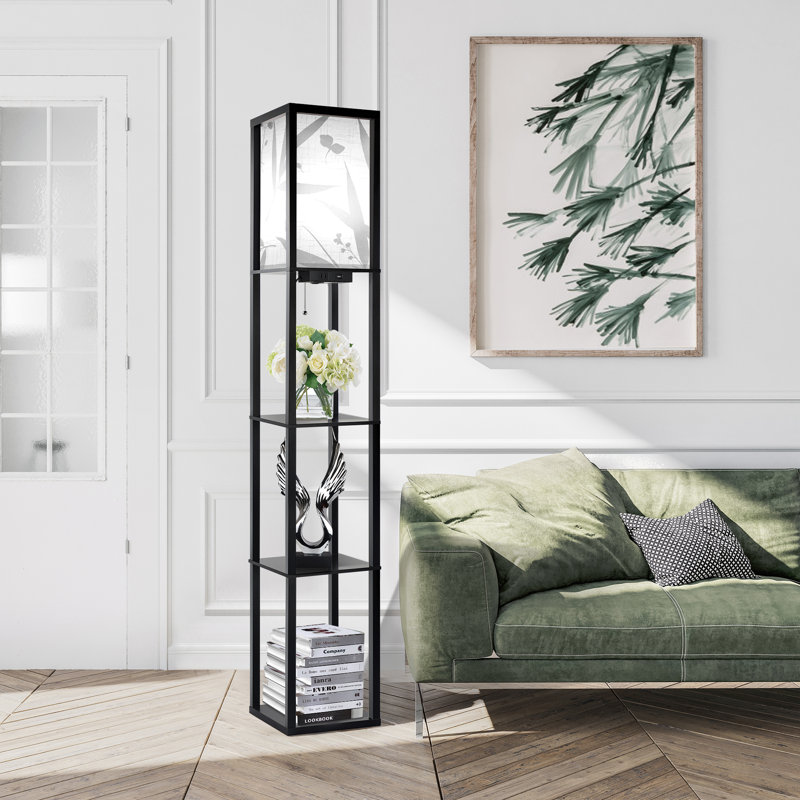Lampe sur pied à colonne 63,7 "à intensité variable avec tablettes et télécommande et station de charge USB Jarold, Brun