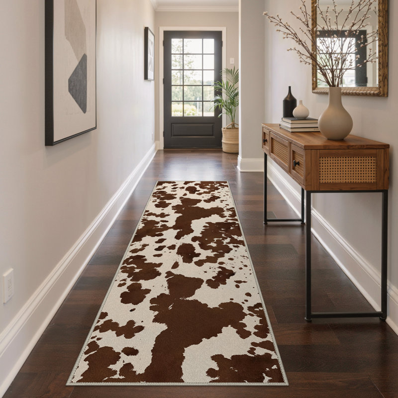 Terra Vintage Cow Print Machine Washable Beige / Brown Indoor Area Rug with Non-Slip Backing, Runner 2' x 6'
