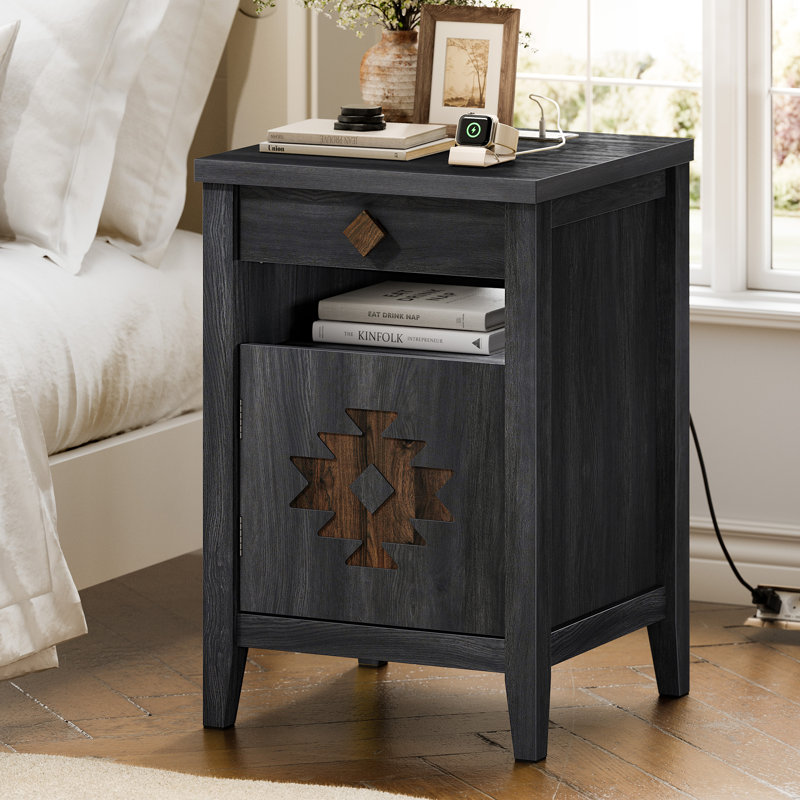 Nesture. Nightstand With Charging Station And Drawers For Small Space,Wood Nightstand With Storage Cabinet & Drawer & Shelf,Modern And Farmhouse Night Stand For Bedroom,Black