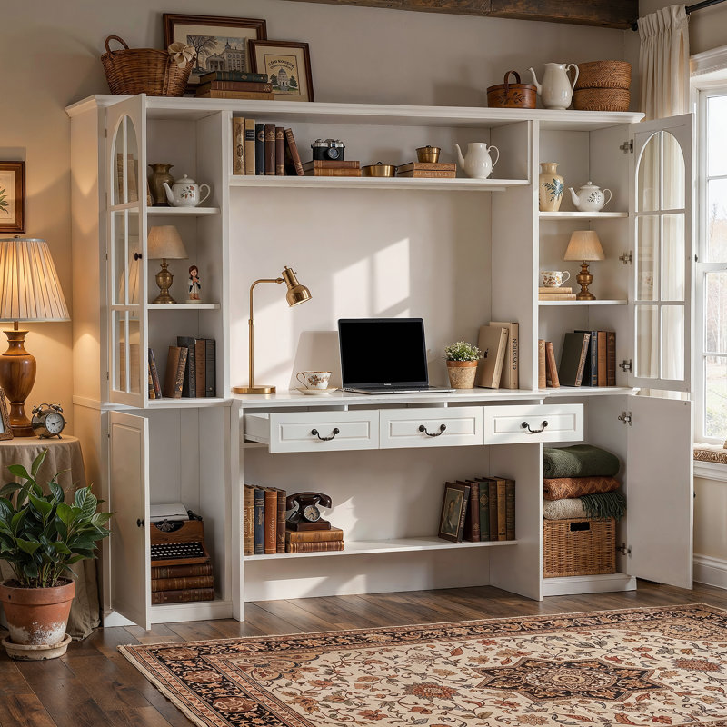 Bureau d'ordinateur l 98,4 po avec huche, 3 tiroirs, armoires en verre trempé Abigael