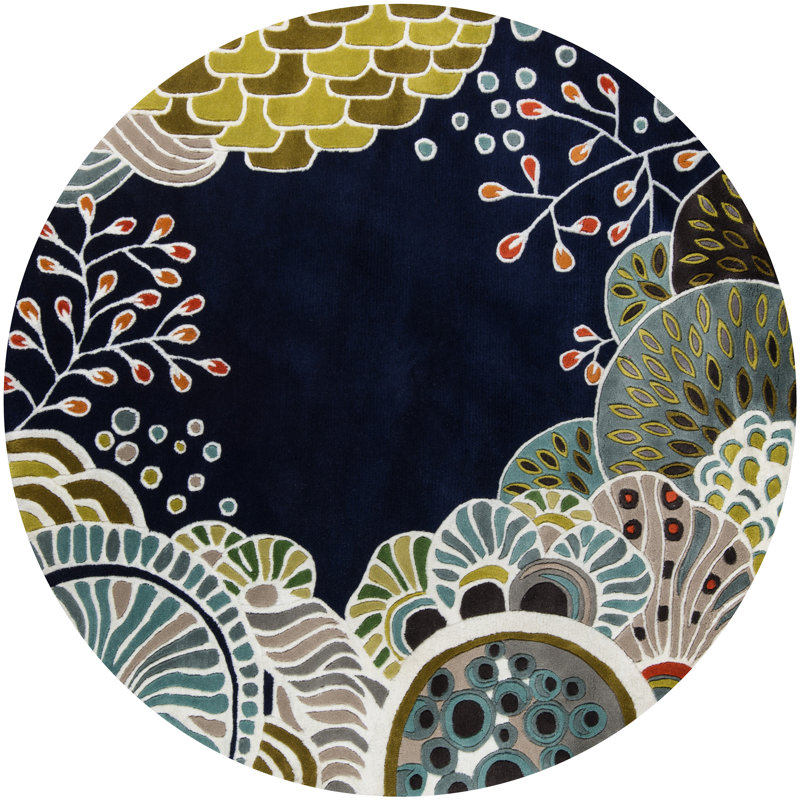 Tapis bleu marine en laine touffeté à la main Heliana, Rond 5 pi 9 po