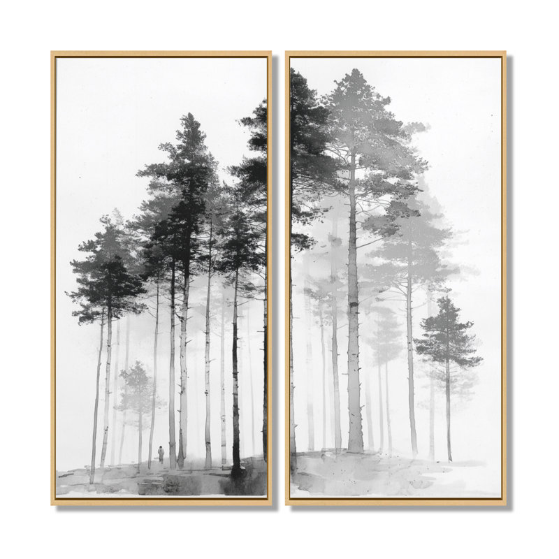 «Black and White Tall Pine Tree Forest», art sur toile de pin, art mural nature noir 2 pièces, H 20 po x l 24 po, Doré