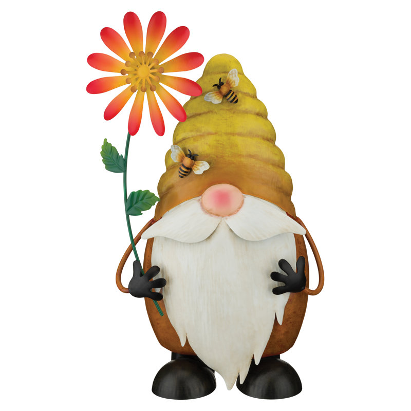 Statue de jardin en métal de 42 cm (16,5 pouces) représentant un gnome tournant, ornée de motifs floraux et d'insectes décoratifs.