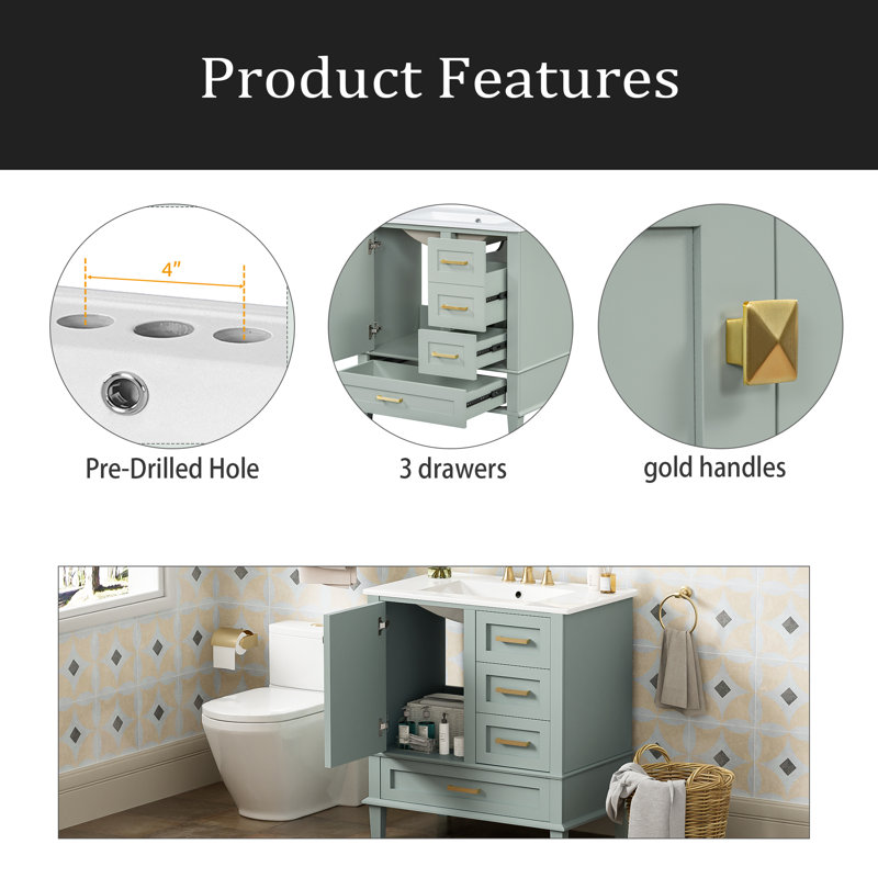 Meuble-lavabo moderne de 30 po avec ensemble de meuble-lavabo 30 po, armoire de rangement avec porte à fermeture douce et 3 tiroirs, structure en bois massif (vert)