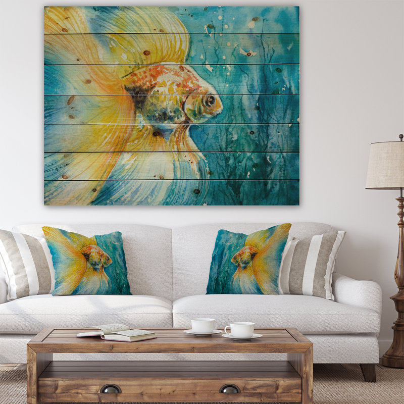 « un poisson rouge », impression, H 15 po x l 20 po x P 1 po, Bois