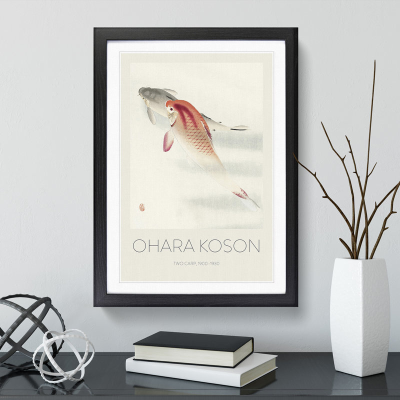 Two Carp by Ohara Koson - Picture Frame Painting, Black Framed, 65cm H x 48cm W x 2cm D