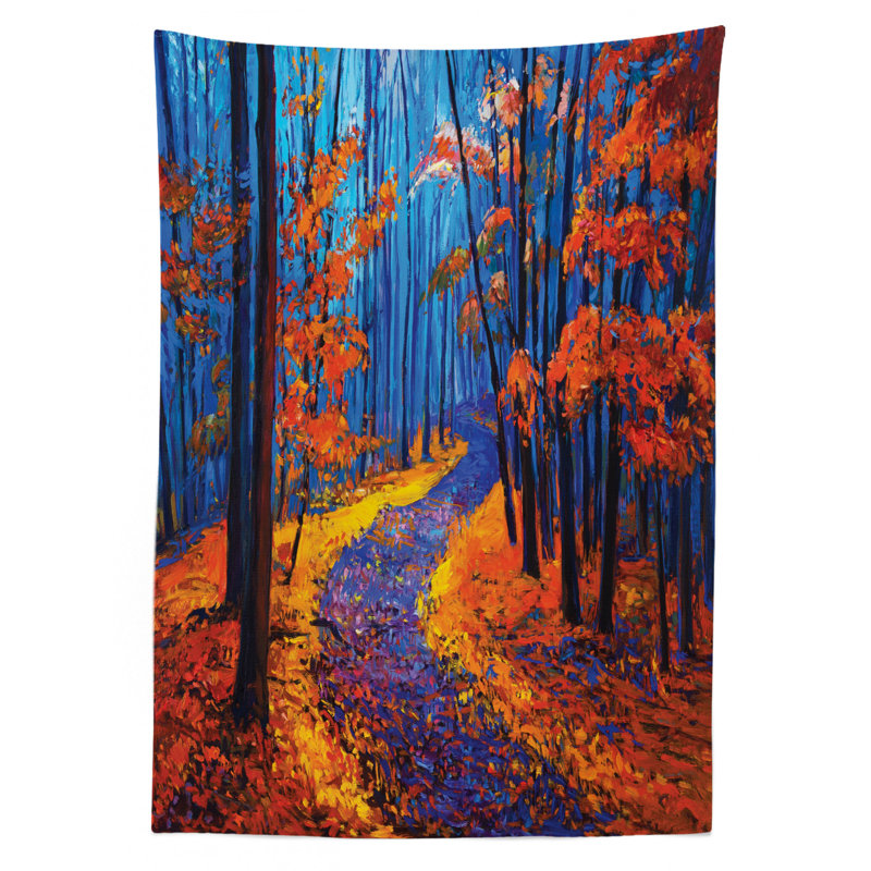 Ambesonne Country Tablecloth, Dark And Deep In The Forest In Fall Autumn Season Calm Nature Art Paint, Rectangular Table Cover For Dining Room Kitchen Decor, 60" X 90", Orange Navy